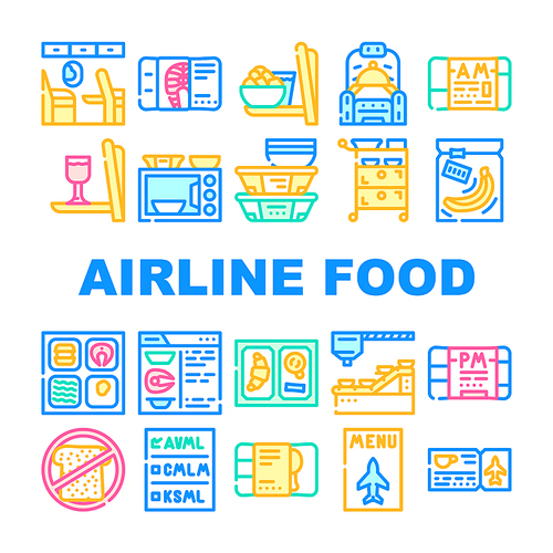 Airline Food Nutrition Collection Icons Set Vector. Armchair With Table For Airline Food And Microwave, Alcohol And Business Class Lunch Concept Linear Pictograms. Contour Color Illustrations