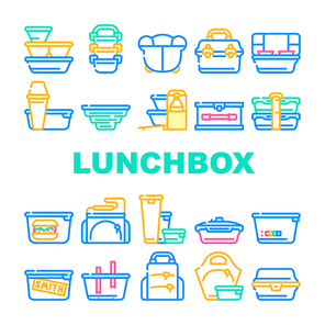 Lunchbox Dishware Collection Icons Set Vector. Backpack And For Women Lunchbox And Thermos, Vacuum And Folding, For Vintage And Sports Concept Linear Pictograms. Contour Color Illustrations