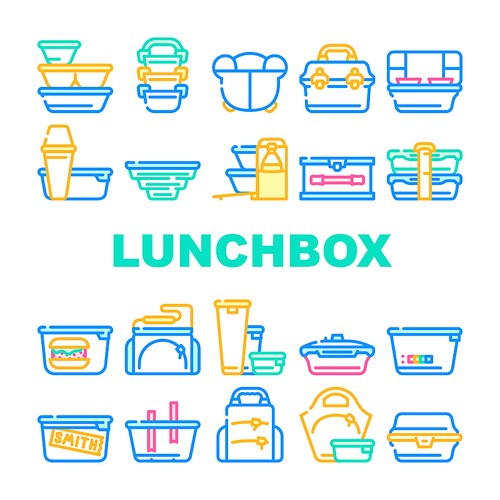 Lunchbox Dishware Collection Icons Set Vector. Backpack And For Women Lunchbox And Thermos, Vacuum And Folding, For Vintage And Sports Concept Linear Pictograms. Contour Color Illustrations