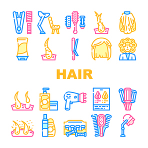 Healthy Hair Treatment Collection Icons Set Vector. Stationery Hairdryer And Dandruff, Shampoo And Balm For Hair, Thermo Curlers And Wig Concept Linear Pictograms. Contour Color Illustrations