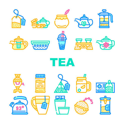 tea healthy drink collection icons set vector. ceremony table and dish for  healthcare tea, teapot and cup, bag and mesh of beverage concept linear pictograms. contour illustrations