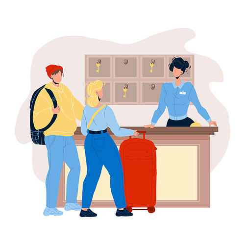 At Hotel Reception Registering Guest Couple Vector. Young Man And Woman Tourists With Baggage Talking With Receptionist At Motel Reception In Lobby. Characters Flat Cartoon Illustration