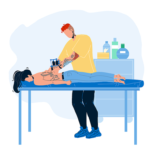 Artist Making Tattoo With Machine In Salon Vector. Man Professional Tattooist Make Tattoo On Young Woman Back In Studio Cabinet. Characters Worker Boy And Client Girl Flat Cartoon Illustration