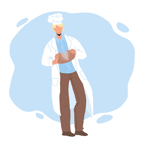 Baked Bread Breaking Bakehouse Worker Chef Vector. Fresh Bread Nutrition Holding Baker Man. Character Hold Bakery Cooked From Dough Food, Delicious Snack Nourishment Flat Cartoon Illustration