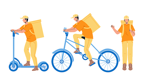 Courier Man Delivery Service Worker Set Vector. Young Man Courier Delivering Order In Yellow Box Backpack On Foot, Bicycle And Scooter. Character In Uniform With Cardboard Flat Cartoon Illustrations