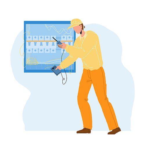 Electrical Engineer Checking Electric Panel Vector. Electrician Using Meter For Check Electrical Voltage Cable Wiring System In Main Power Board. Character Flat Cartoon Illustration