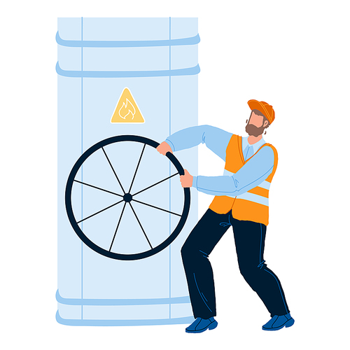 Gas Industry Worker Turning Pipe Valve Vector. Gas Industrial Factory Employee Repairman Working With Pipeline. Character Engineer Professional Occupation Flat Cartoon Illustration