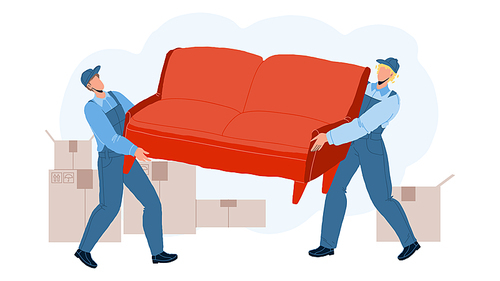 Movers Carry Sofa And Move To New House Vector. Transportation And Move Service Workers Men Moving Couch And Boxes. Characters Carrying Furniture And Cardboards Flat Cartoon Illustration