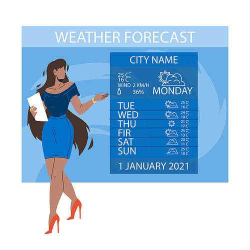 News Weather Reporter Work On Television Vector. Weekly Weather Forecast Broadcasting Young Woman On Tv. Character Lady Meteorology Media Report, Multimedia Job Flat Cartoon Illustration