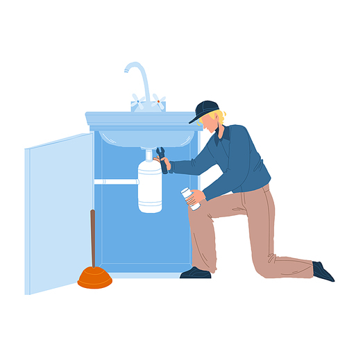 Plumber In Working Overall Fixing Sink Vector. Plumber Man Fix Kitchen Or Bathroom Pipe Leak With Spanner. Character Repairman Removing Blockage, Plumbing Repair Service Flat Cartoon Illustration