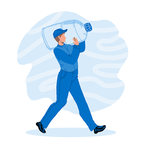 Water Delivery Service Worker Carry Bottle Vector. Courier Delivering Water Container To Client. Character Man Carrying Fresh And Healthy Clean Drink Gallon Flat Cartoon Illustration