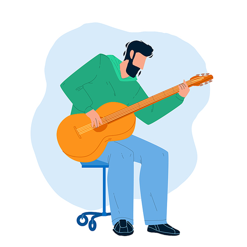 Playing Guitar Musician Instrument Boy Vector. Young Man Acoustic Guitarist Sitting On Chair And Playing Guitar. Character Artist Performing Music, Leisure Active Time Flat Cartoon Illustration