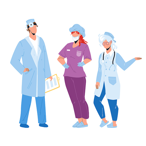 Hospital People Doctor And Nurse Colleagues Vector. Hospital People Employees Wearing Professional Uniform, Facial Mask And Stethoscope. Characters Clinic Workers Flat Cartoon Illustration