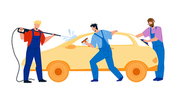 Car Wash Service Workers Washing Automobile Vector. Car Wash Station Man With Equipment Water Spraying, Cleaning And Wiping Windows With Rag. Characters Business Flat Cartoon Illustration