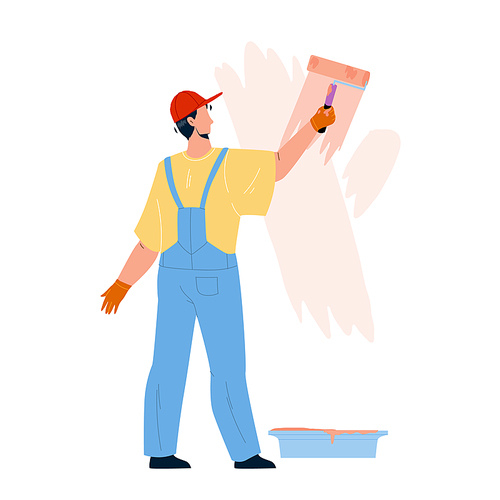 Painter Man Painting Wall With Roller Tool Vector. Painter Boy Renovating And Coloring Room With Paintbrush. Character Repairman Profession, Renovation House Or Office Flat Cartoon Illustration