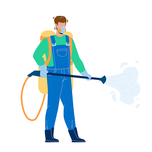 Pest Control Worker Spraying Pesticides Vector. Pest Control Service Working Man Spray Chemical Toxic Liquid With Professional Equipment. Character Insect Exterminator Flat Cartoon Illustration