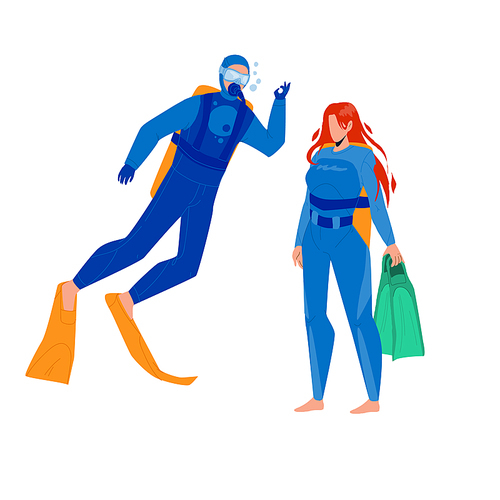 Scuba Diver Man And Woman Togetherness Vector. Scuba Diver Young Boy And Girl Wearing Swimming Costume, Facial Mask, Flippers And Aqualung Equipment. Characters Flat Cartoon Illustration