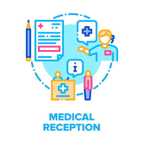Medical Reception In Hospital Vector Icon Concept. Receptionist Discussing With Patient, Help To Filling Medicine Card And Practitioner Working At Clinic Reception Color Illustration