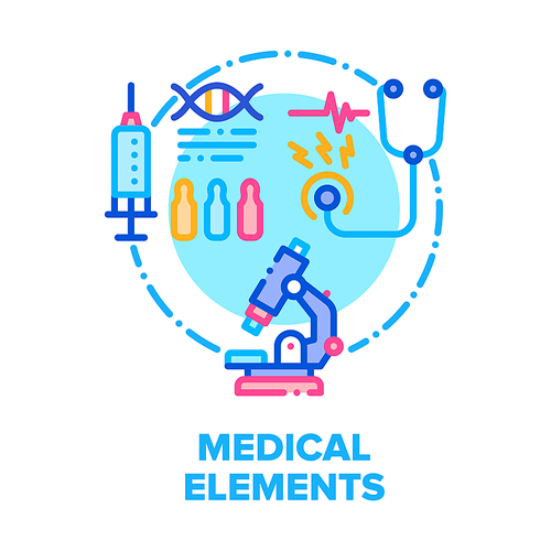 Medical Elements Vector Icon Concept. Laboratory Microscope, Medical Stethoscope And Syringe With Medicaments Medical Equipment For Examination, Testing And Health Care Color Illustration