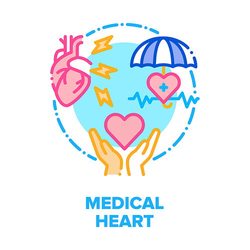Medical Heart Vector Icon Concept. Heart Attack Disease And Treatment, Medicaments And Exercises For Healthcare Organ, Cardiology Examination And Health Support. Hospital Treat Color Illustration