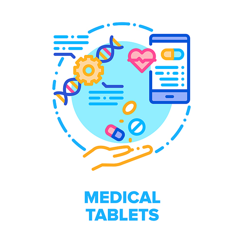 Medical Tablets Vector Icon Concept. Pain Killer And Healthcare Tablets, Medicaments For Treatment Disease And Pills Characteristics Phone App, Pharmaceutical Drug And Vitamin Color Illustration