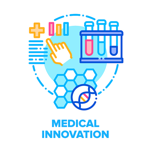 Medical Innovation Technology Vector Icon Concept. Medical Science Researching Dna Molecule And Laboratory Medicine Test, Biomedical Report With Infographic And Review Color Illustration