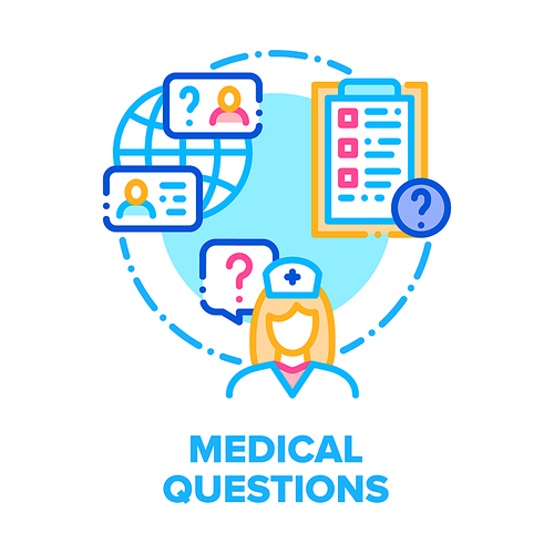 Medical Questions And Answers Vector Icon Concept. Doctor Or Nurse Asking Patient Medical Questions With Checklist And Remote Online Consultation, Health Diagnosis And Treatment Color Illustration