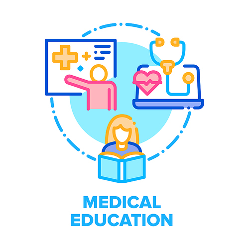 Medical Education Literature Vector Icon Concept. Woman Medical College Student Reading Medicine Educational Book, E-learning Lecture And Presentation Health Treatment Color Illustration