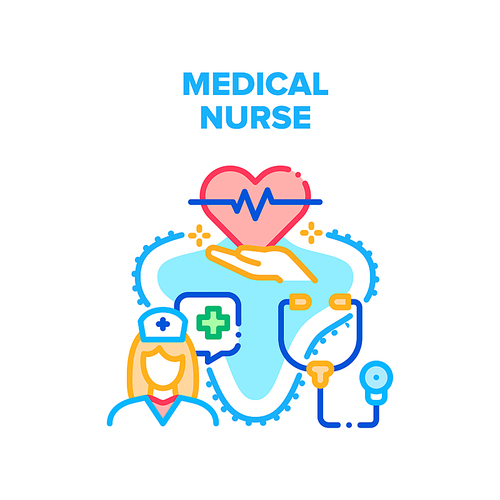 Medical Nurse Vector Icon Concept. Medical Nurse Carrying And Examining Patient Heart Beat Pressure With Stethoscope Medical Equipment. Hospital Medicine Worker Checking Health Color Illustration