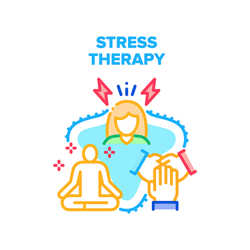 Stress Therapy Vector Icon Concept. Stress Therapy Patient Group Session And Consultation Or Yoga Exercising. Anti-stress And Detox Procedure For Emotional Health Treatment Color Illustration