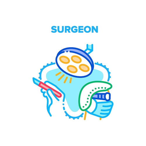 Surgeon Doctor Vector Icon Concept. Surgeon Wearing Hat, Facial Mask And Glasses Holding Scalpel And Using Hospital Lamp For Operating Patient. Clinic Health Treatment And Operation Color Illustration