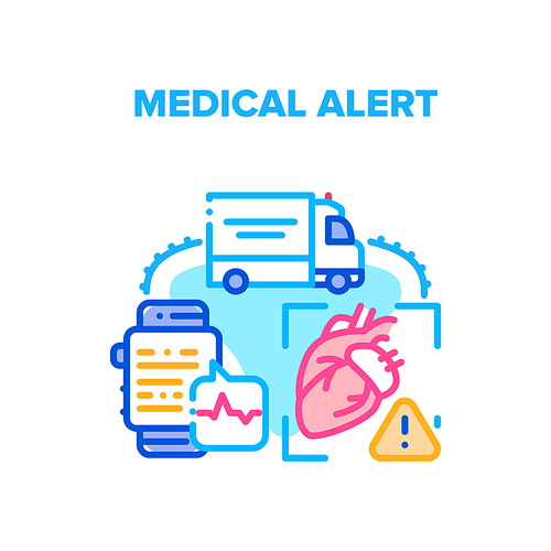Medical Alert Vector Icon Concept. Medical Alert Of Heart Disease, Ambulance Transportation To Hospital, Monitoring Heartbeat On Smart Watch Digital Gadget. Medicine First Aid Color Illustration