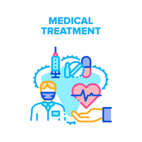 Medical Treatment Health Vector Icon Concept. Doctor Checking Heartbeat And Giving Prescription On Pharmaceutical Drugs For Medical Treatment. Consultation, Examination And Treat Color Illustration