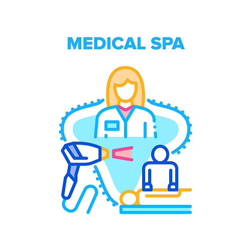 Medical Spa Vector Icon Concept. Patient Healthcare Massage Make Masseur And Laser Depilation Medical Spa Service. Doctor Woman Beauty Salon Medicine Treatment In Clinic Color Illustration