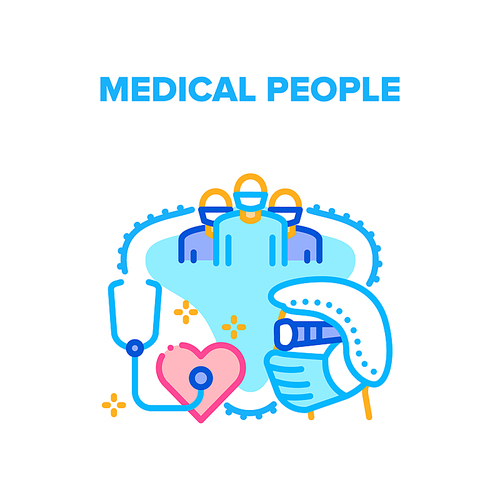Medical People Vector Icon Concept. Doctor And Nurse Hospital Team Medical People. Surgeon Clinic Worker Wearing Protective Mask, Glasses And Hat With Stethoscope For Check Heart Color Illustration