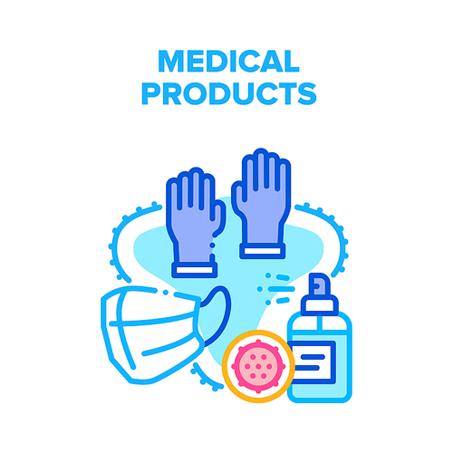 Medical Products Vector Icon Concept. Facial Mask And Protective Medical Gloves, Sanitizer Spray For Killing Viruses And Protect Medical Products. Healthcare Accessories Color Illustration
