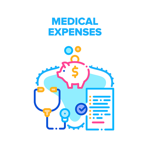 Medical Expenses Vector Icon Concept. Medical Expenses On Health Treatment, Piggybank For Collect Money And Insurance Agreement Healthcare Document. Payment For Patient Examination Color Illustration