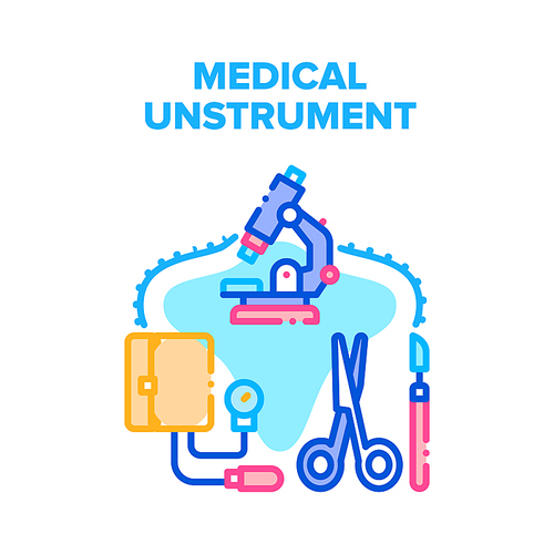 Medical Instrument Equipment Vector Icon Concept. Microscope Laboratory And Blood Pressure Measurement Medicine Tool, Surgical Scissors And Scalpel Medical Instrument Color Illustration