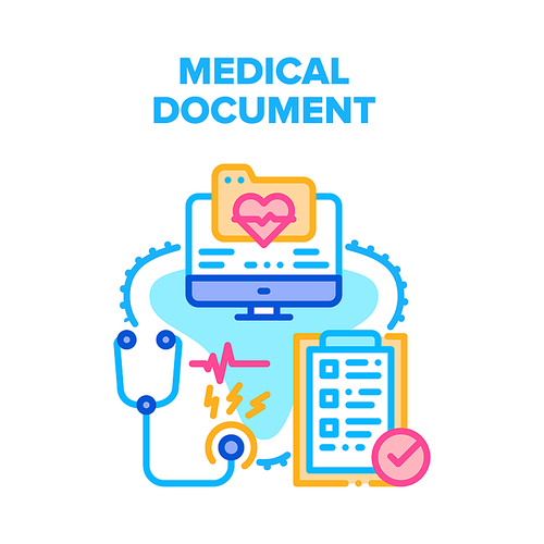 Medical Document Vector Icon Concept. Medical Document Insurance And Examination Checklist, Medicine Agreement With Hospital Or Clinic Report. Health Check Contract Color Illustration