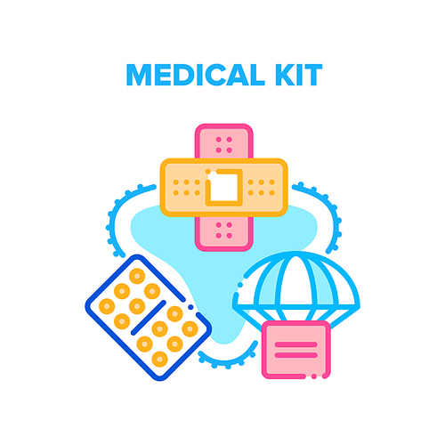 Medical Kit Box Delivery Vector Icon Concept. Medical Kit With Drugs Package And Patch For First Aid. Delivering Medicine Equipment And Medicaments Pills Container By Parachute Color Illustration