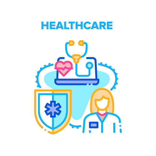 Healthcare Clinic Diagnostic Vector Icon Concept. Doctor Healthcare Examination And Treatment In Hospital And Remote Consultation. Health Protection And Life Safe Color Illustration