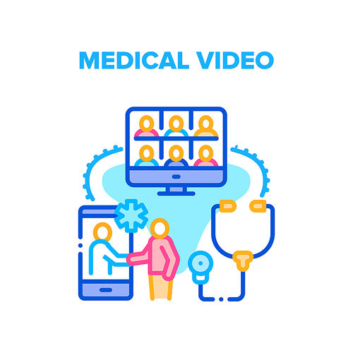 Medical Video Conference Vector Icon Concept. Medical Video Call Meeting And Online Remote Patient Consultation And Examination. Doctor Face Time Communication With Sick Color Illustration