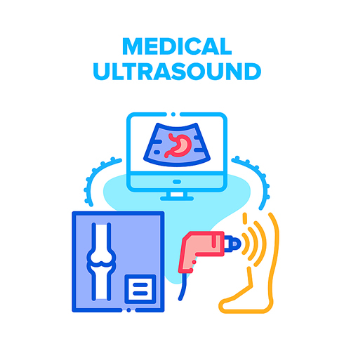 Medical Ultrasound Device Vector Icon Concept. Medical Ultrasound Medical Treatment For Examination Human Organ Health And Bones. Hospital Medicine Electronic Equipment Color Illustration
