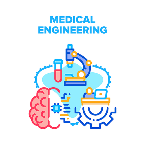 Medical Engineering Process Vector Icon Concept. Medical Engineering And Development, Researching Chemical Liquid With Microscope Laboratory Tool. Science Engineer Work Color Illustration