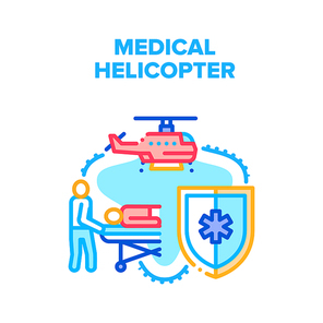 Medical Emergency Helicopter Vector Icon Concept. Helicopter For Transportation Illness Patient, Nurse Carrying On Stretcher For Help And Disease Treatment. Fly Transport Color Illustration