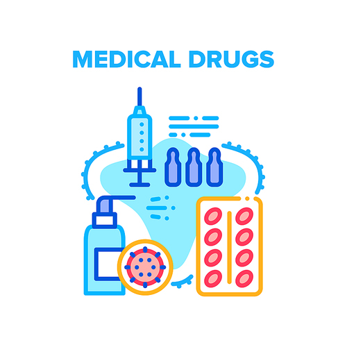 Medical Drugs Health Healing Vector Icon Concept. Medical Drugs Package, Ampoule With Medicaments For Syringe Injection And Sanitizer Bottle Health Protection And Disease Treatment Color Illustration
