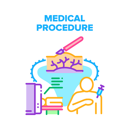 Medical Procedure Treatment Vector Icon Concept. Medical Procedure Treatment, Injection With Syringe, Surgical Incision With Scalpel And Health Examination In Mri Equipment Color Illustration
