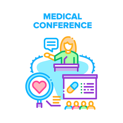 Medical Conference Meeting Vector Icon Concept. Medical Conference Meeting Presenting Medicine Research And Pharmaceutical Product Drug. Doctor Speech At Tribune Color Illustration