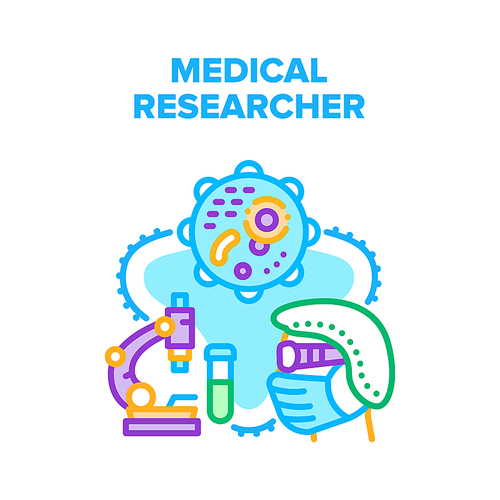 Medical Researcher Scientist Vector Icon Concept. Medical Researcher Scientist Research Virus With Microscope Tool And Testing Medicine Product In Laboratory. Chemical Analysis Color Illustration