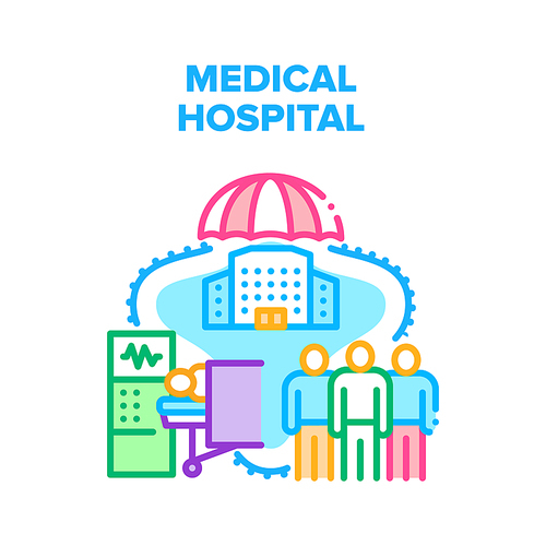 Medical Hospital Vector Icon Concept. Medical Hospital For Treatment Illness Patient And Emergency Help. Examining People Health And Treat Disease. Clinic Service Color Illustration